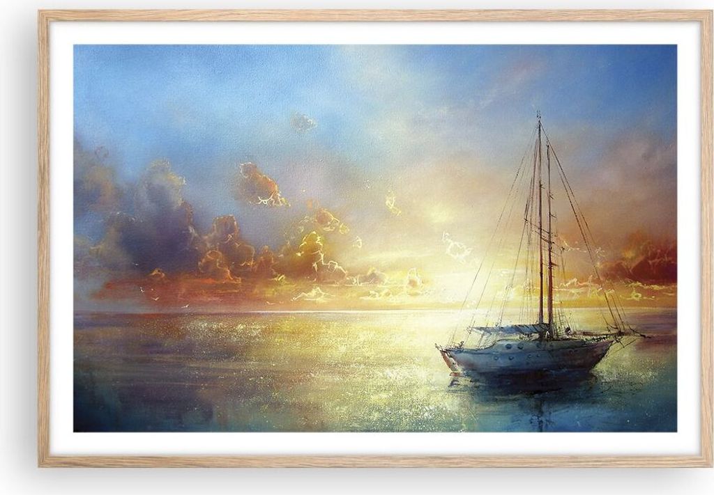 Gerahmtes Poster - Rahmen in heller Eiche - Segelboot Westen die Sonne - 91,5x61 cm - Wand Bild - Wanddeko - Wandbilder - Wandposter - Bilderrahmen...