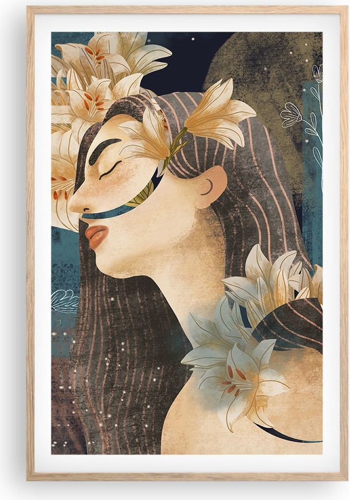 Gerahmtes Poster - Rahmen in heller Eiche - Surreal Frau Blumen - 61x91,5 cm - Wand Bild - Wanddeko - Wandbilder - Kunstposter - Wandposter - Bilde...