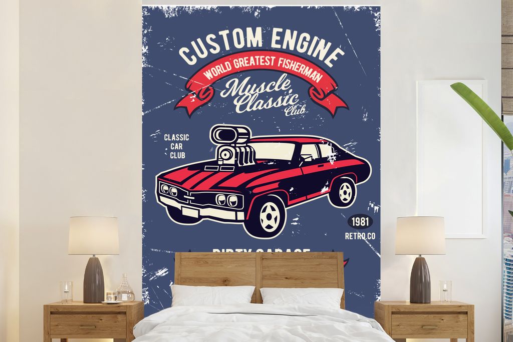 MuchoWow Fototapete für Wohnzimmer oder Schlafzimmer Wandtapete Vinyl Motivtapete Auto - Oldtimer - Briefe - Zitat - 180x280 cm - Wallpaper