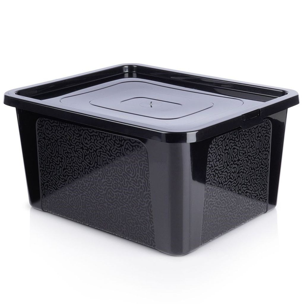 A black storage container with a lid is shown against a white background.