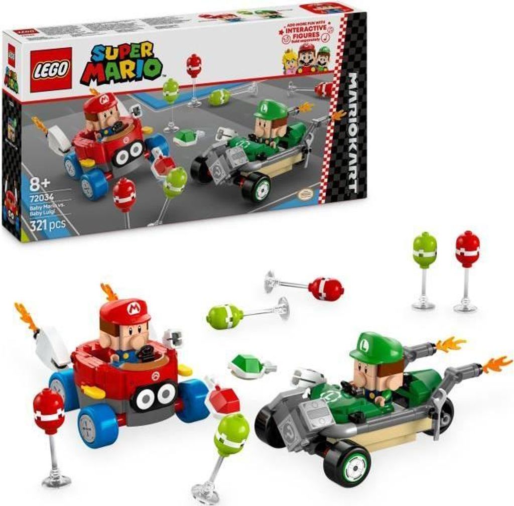 LEGO Super Mario Mario Kart, Baby Mario gegen Baby Luigi, 2 Bauautos, 6 Ballons, Interaktives Spiel, Nintendo Geschenk, 8+ Jahre