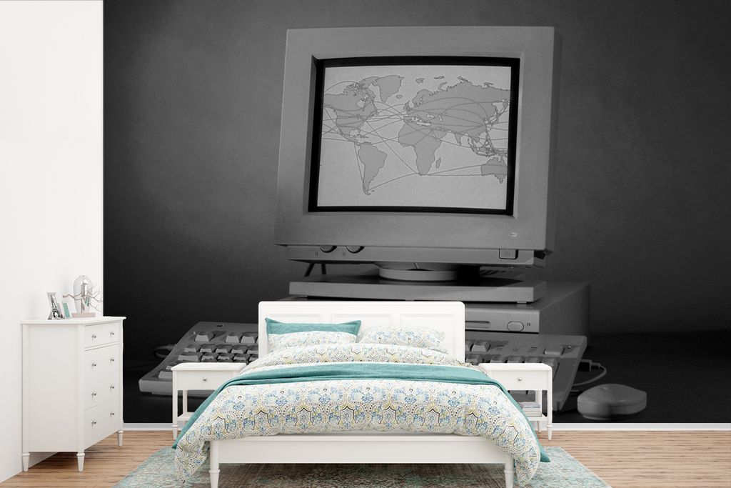 MuchoWow Fototapete für Wohnzimmer oder Schlafzimmer Wandtapete Vinyl Motivtapete Ein alter Computer aus den 90ern - schwarz und weiß - 390x260...