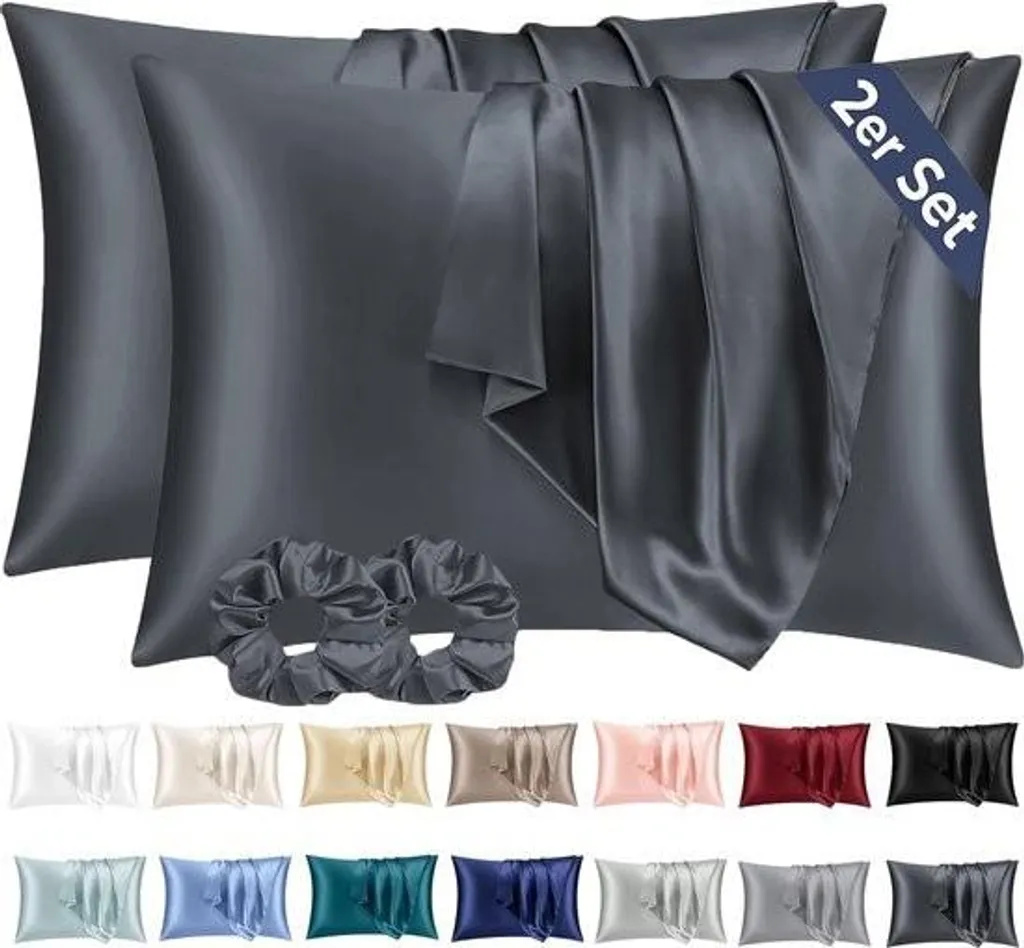 Taie d'oreiller satin 50x70 premium lot de 2 gris foncé effet soie douce