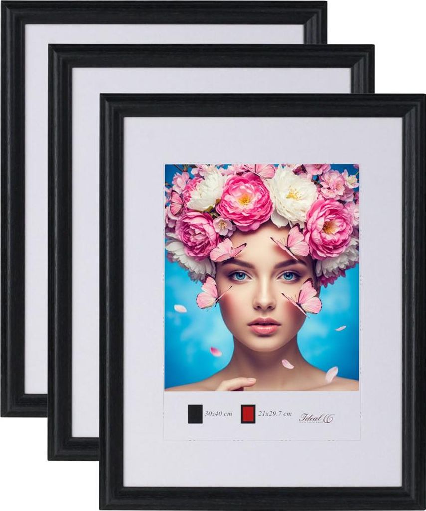 3er 5er Set Holzrahmen mit Kunststoffglas Bilderrahmen MDF Rahmen Collage Wandrahmen Fotorahmen neu HR-22 - Farbe: 3er Pack Schwarz | Format: 30x30