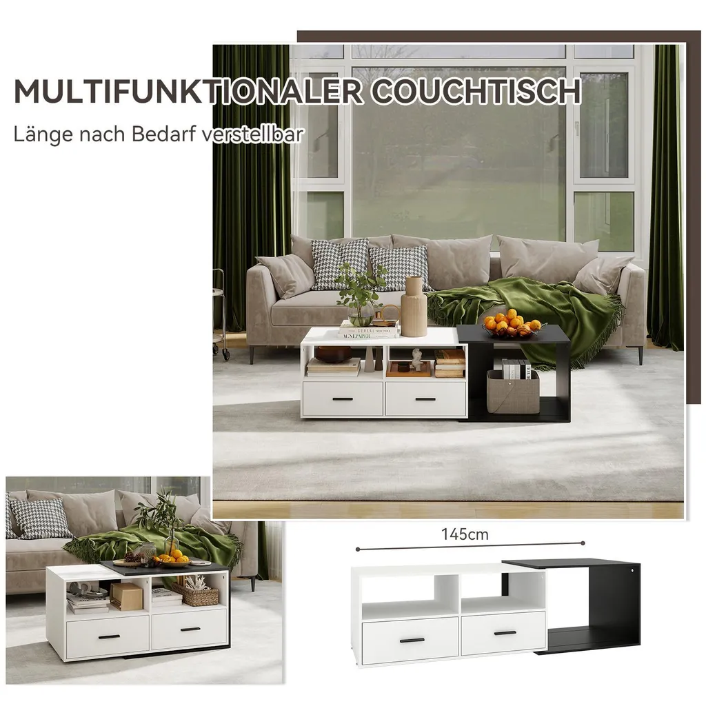 Table Basse avec Tiroir et Design Modulaire Extensible Noir et Blanc - 8
