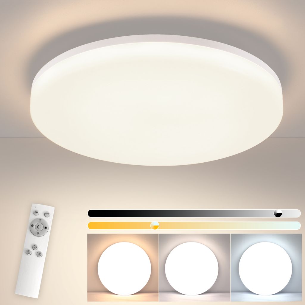 ZMH LED Deckenleuchte Dimmbar mit Fernbedienung Deckenlampe 18W Ø22CM Deckenbeleuchtung Rund IP54 Wasserdicht für Küche Flur Schlafzimmer Badzimmer