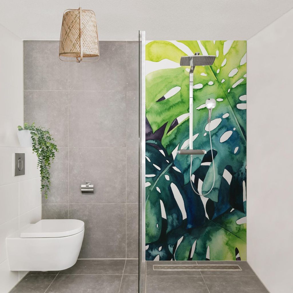 Duschrückwand originell selbstklebend - 0.35 mm Wandpaneel wasserfest Pflanzen grün Tropisch Badrückwand fugenlos Smart matt 110x190 cm
