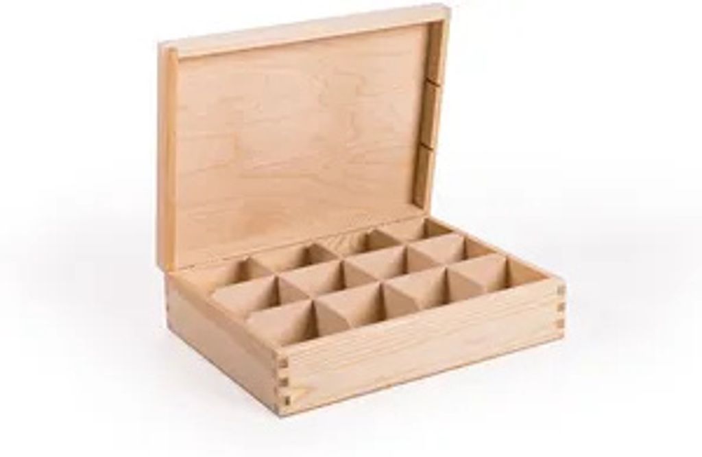 Teebox aus natürlichem Kiefernholz - Teekiste mit 12 Fächer Produktbild 