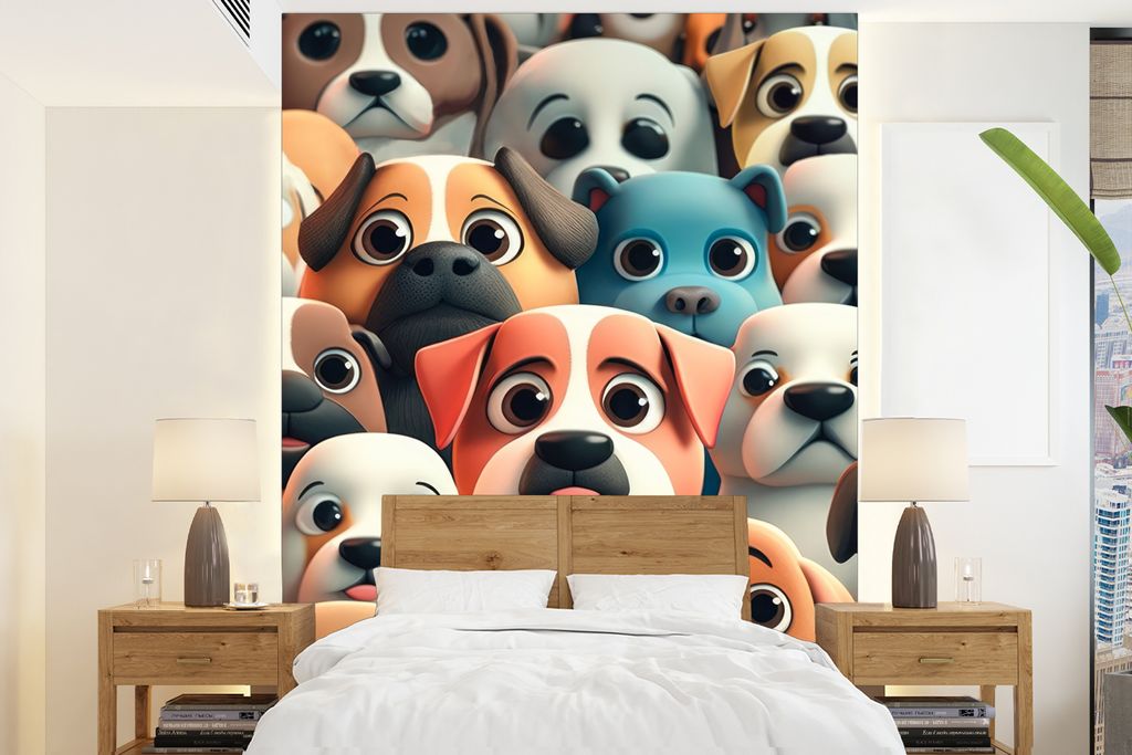 MuchoWow Fototapete für Wohnzimmer oder Schlafzimmer Wandtapete Vinyl Motivtapete Hund - Tiere - Muster - Braun - Mädchen - Jungen - 205x280 cm...