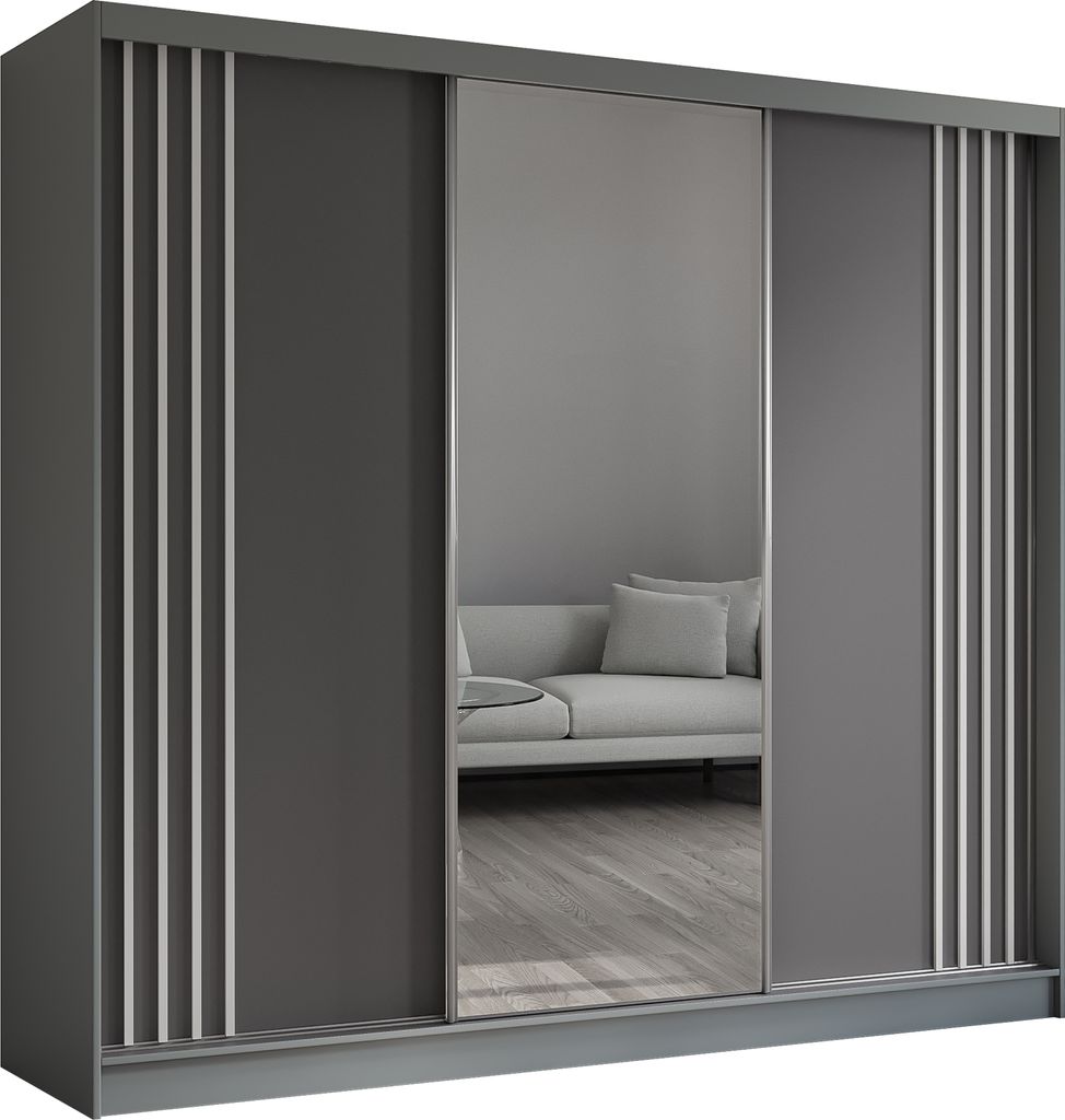 ALTDECOR Kleiderschrank mit Spiegel und Schiebetüren, kugelgelagerte Führungsschienen und Aluminium-Leisten - NALLA - 240 cm (Grau + Grau + Weiß)