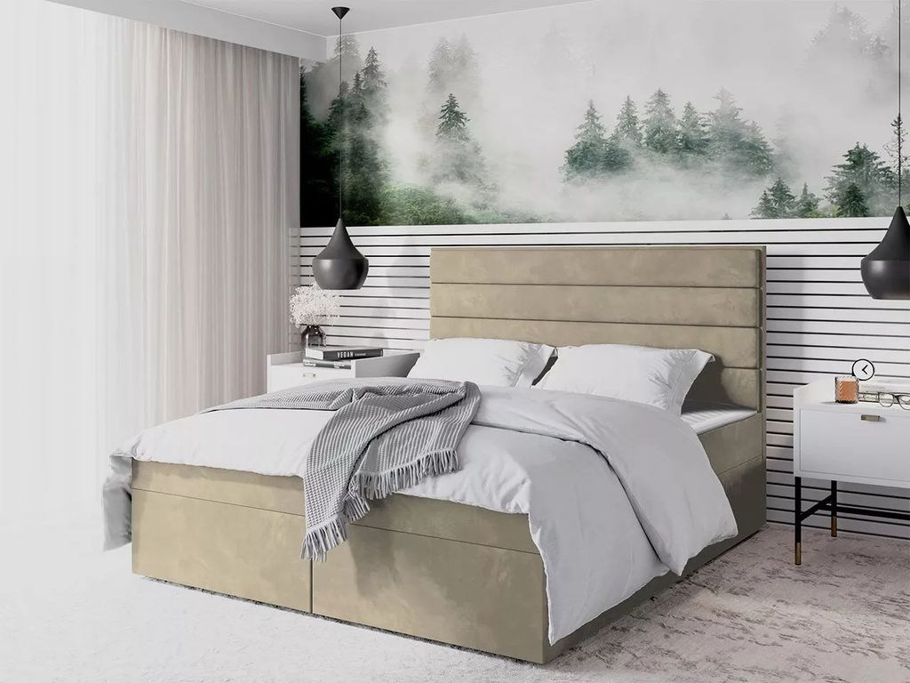 Modernes Polsterbett 120x200 MAHERA mit Stauraum - hellbeige