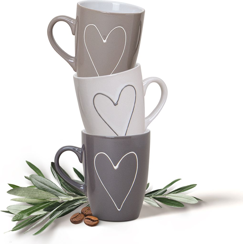 Schöne Kaffeetassen 36er Set einfarbig mit Herzen Landhaus-Stil