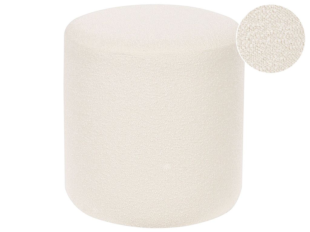 A white bouclé pouf on a white background.