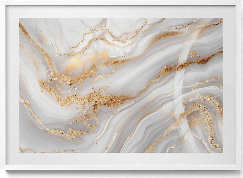 Textur von Marmor mit Gold– Wandbild mit Rahmen – Gerahmtes Bild – Wanddekoration – 100x70 cm – Weiß Rahmen
