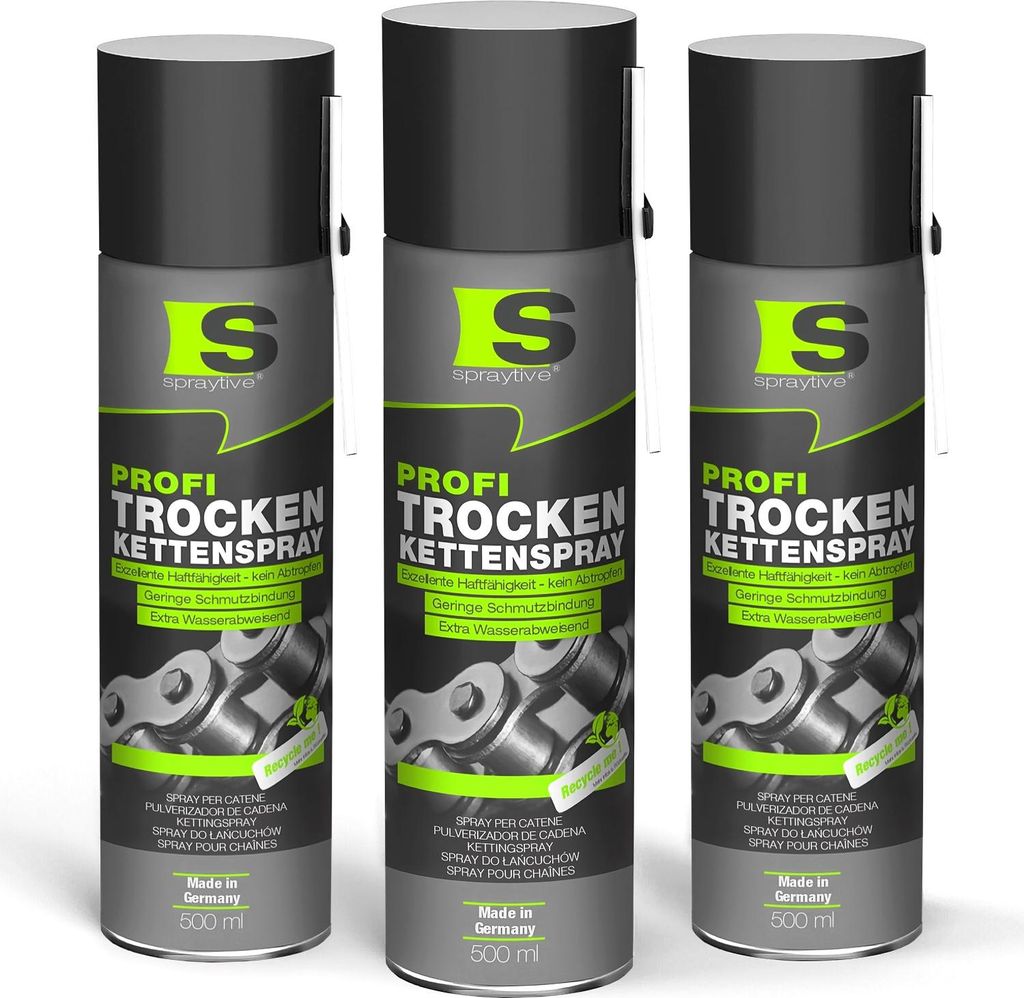 Spraytive 3 x 500ml Profi Trockenkettenspray – Kettenspray mit PTFE, Kettenfett für Fahrrad, Motorrad & Maschinen