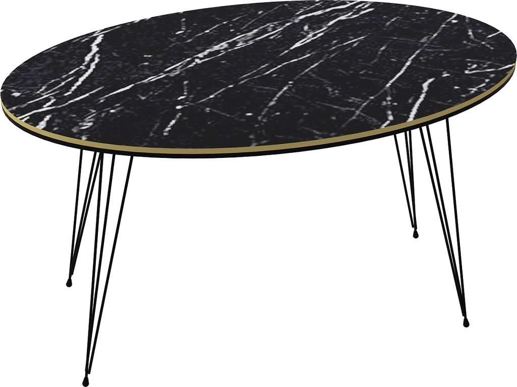 Ovaler Couchtisch in schwarzer Marmor Optik mit schwarzen Metallfüßen, 6986