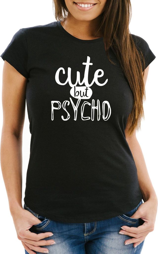 Damen T-Shirt Spruch Cute but Psycho Slim Fit Moonworks schwarz S