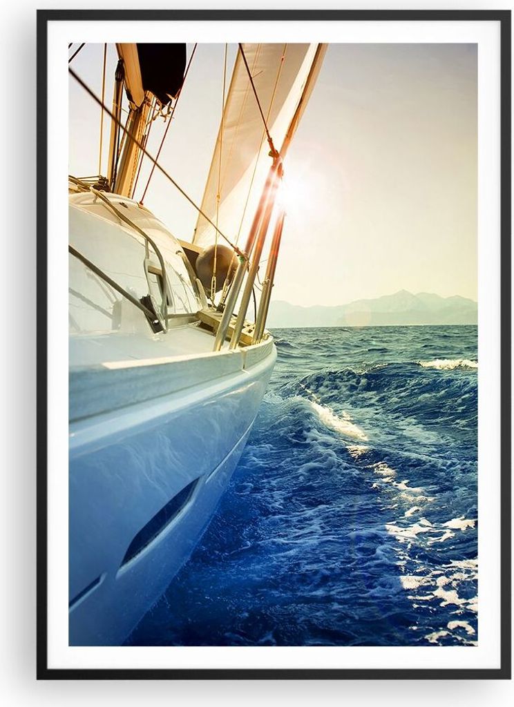 Gerahmtes Poster - Schwarzer Rahmen - Yacht Segelboot Sonne - 70x100 cm - Wand Bild - Wanddeko - Wandbilder - Wandposter - Bilderrahmen - Bilder - ...