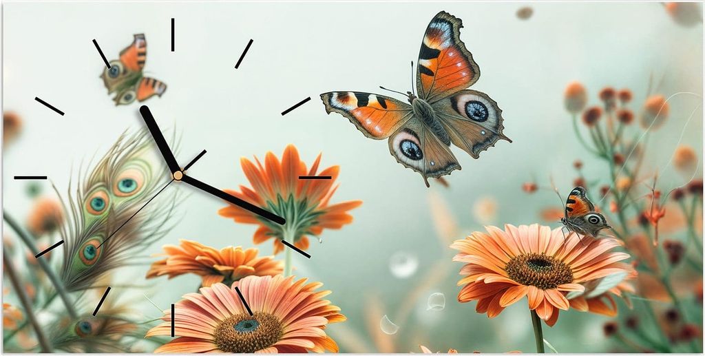 Wanduhr aus Glas mit Motiv Schmetterling Wiese- 60 x 30 cm - inkl. Aufhängesystem