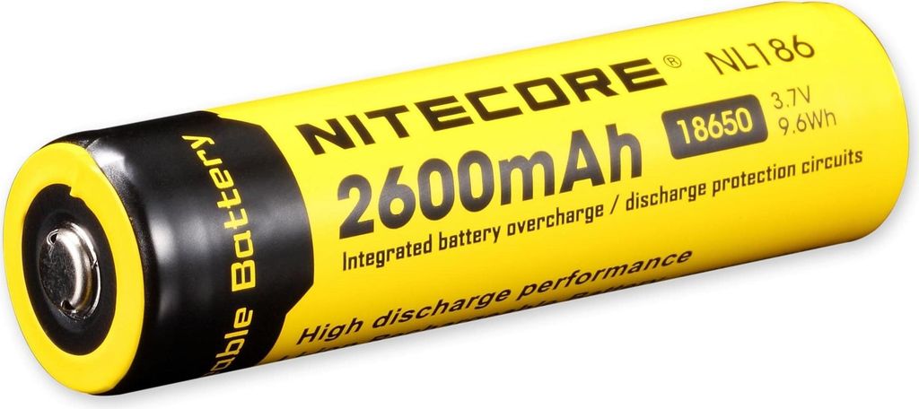 A close-up shot of a Nitecore 18650 rechargeable battery.