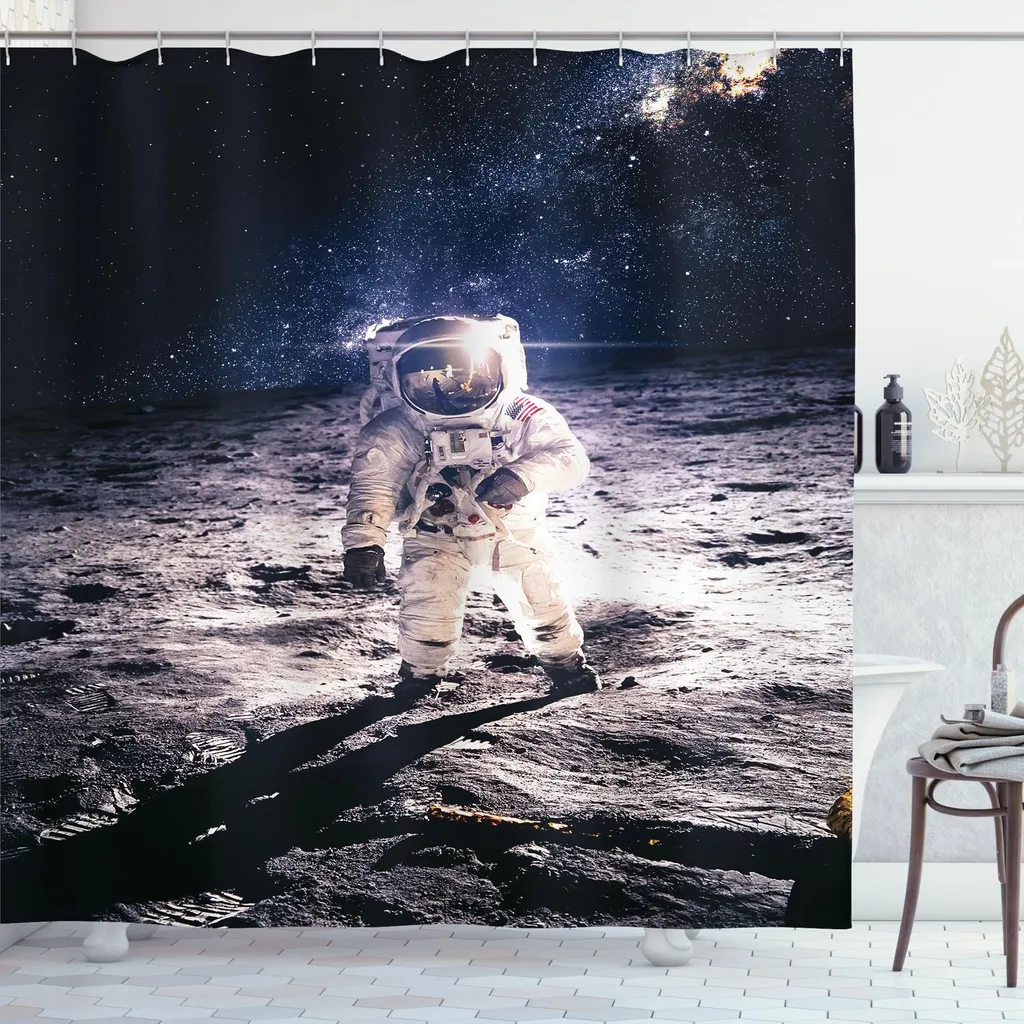 ABAKUHAUS Tenda da doccia quadrata, Spaceman sulla superficie lunare Orbit Science Exploring Expanding Horizons Immagine, 175 x 180 cm, blu scuro e bianco