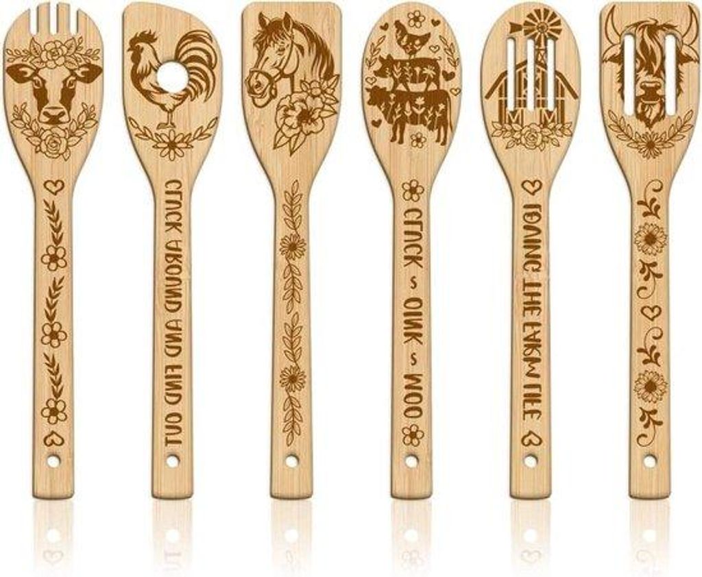 Bambus-Kochlöffel-Sets für die Küche - Gekrümmte Holz-Löffel - Wärmende Geschenkidee für das Haus - 6er Set
