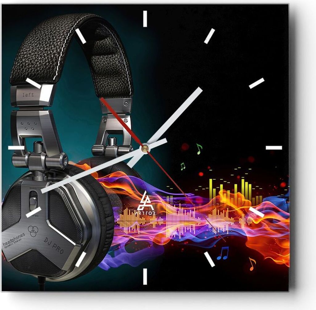 Wanduhr - Quadrat - Glasuhr - Feuer Audio Kopfhörer - 30x30cm - Schleichendes Uhrwerk - Lautlos - zum Aufhängen bereit - Dekoration Modern - Wand...