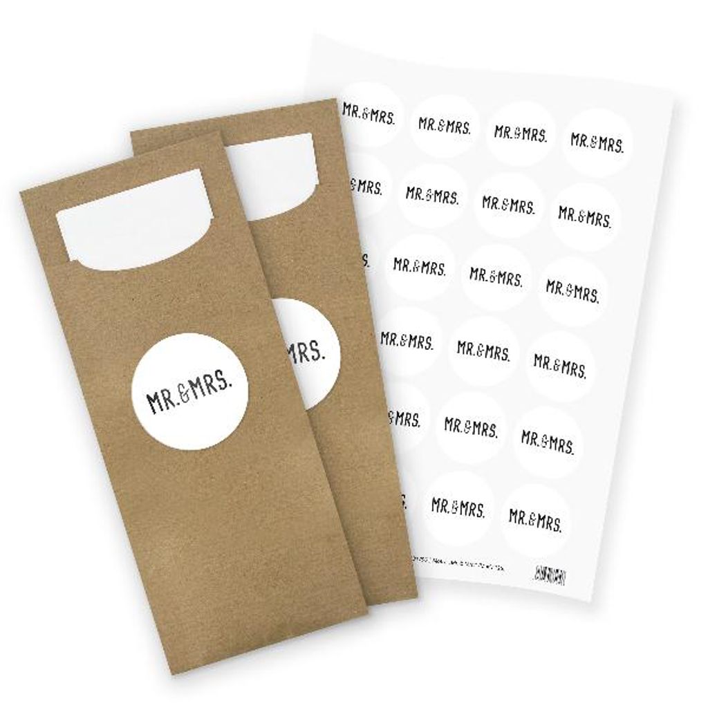 itenga 24x Bestecktasche braun + Aufkleber Mr. & Mrs. (Motiv 125)