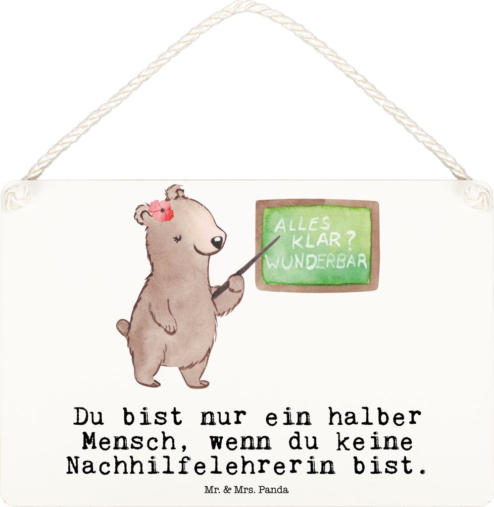 Mr. & Mrs. Panda Wandbild Holz Nachhilfelehrerin Herz DIN A6 - Weiß - Geschenk, Holzschild, Nachhilfeunterricht, Lustig, Schild, Witzig, holzbild,...
