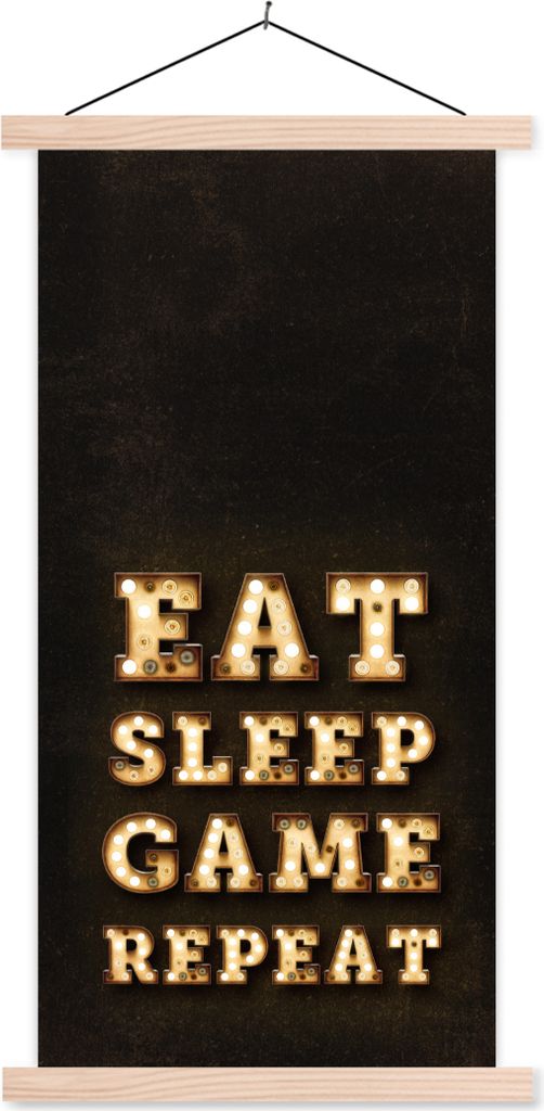 MuchoWow Textilposter Spiele - Spiele - Zitate - Sprichwörter - Eat sleep game repeat 60x120 cm mit holzfarbenen Rahmen - Holz