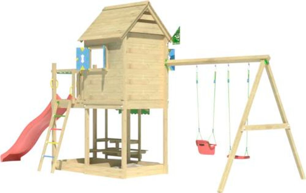 Doppelschaukel Spielhaus mit Stelzen Jungle Gym 678 x 265 cm Holz rot