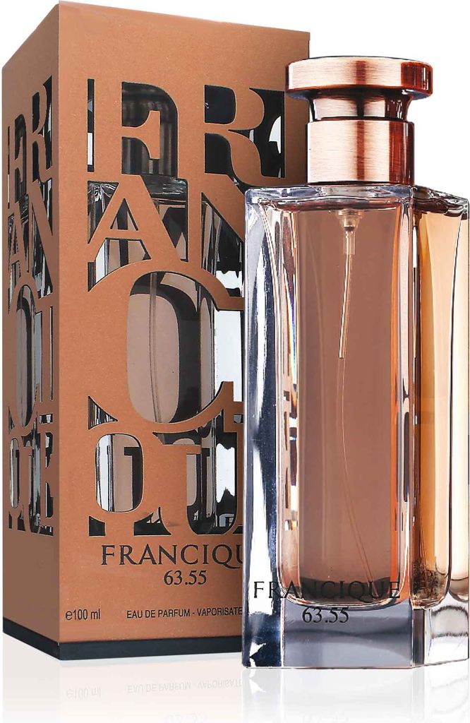 A perfume bottle and its box are displayed against a white background.