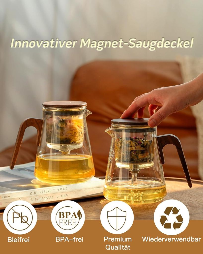 Magic Teekanne Glas mit Sieb, Teezubereiter für Losen Tee mit Magnet Sauger-Deckel, Tea Maker for Tee Zubereitung, Teapot Griff aus Walnussholz, T...