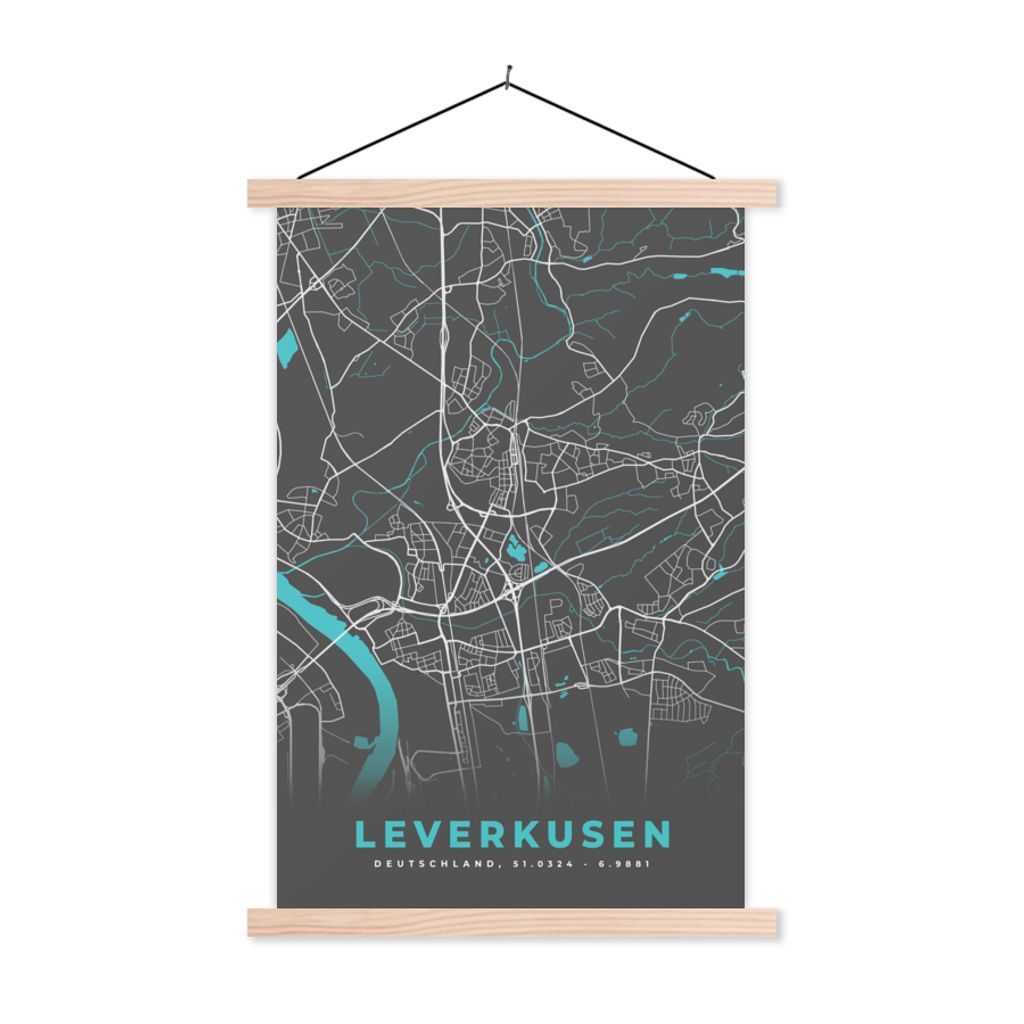 MuchoWow Textilposter Stadtplan - Karte - Leverkusen - Blau - Deutschland - Karte 60x90 cm mit holzfarbenen Rahmen - Textil