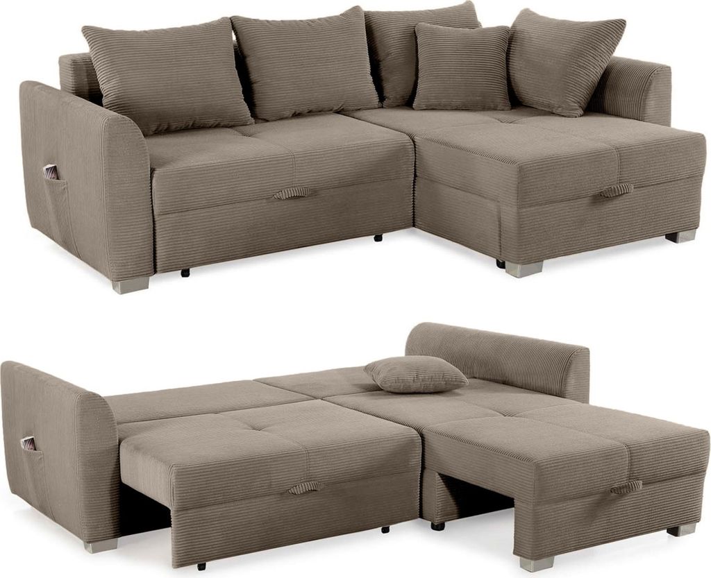 Ecksofa L-Form Couch Polsterecke Schlaffunktion Bettkasten in Cord Braun Taupe / 15208