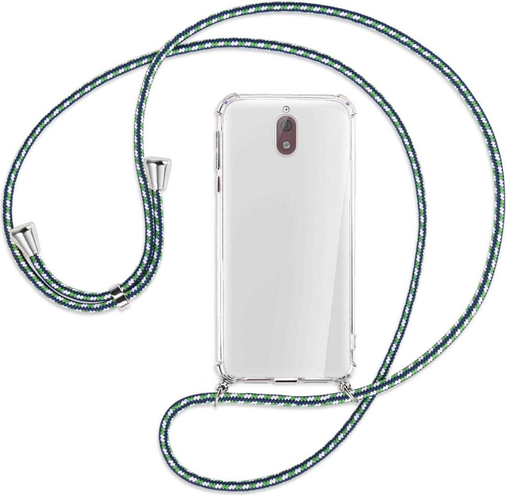 Handykette Backcover-Schutzhülle mit Band (Metall silberfarben) für Nokia 3.1 - grün/blau/weiß