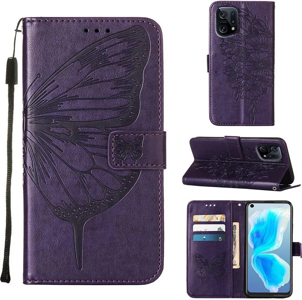 Custodia OPPO Find X5 Viola con Farfalle | Pelle Flip e Portafoglio