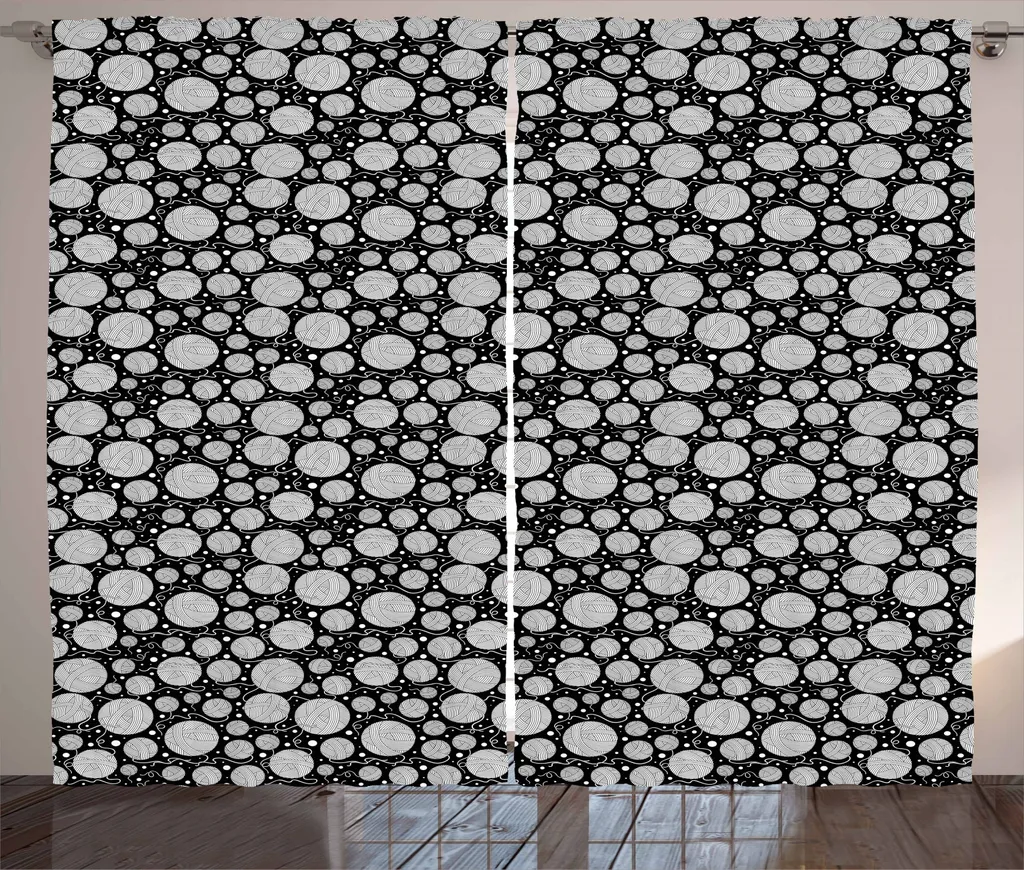 ABAKUHAUS Tenda rustica bianca e nera, palline boho in filato, tenda universale per soggiorno con passanti e ganci, 280 x 245 cm, bianca e nera