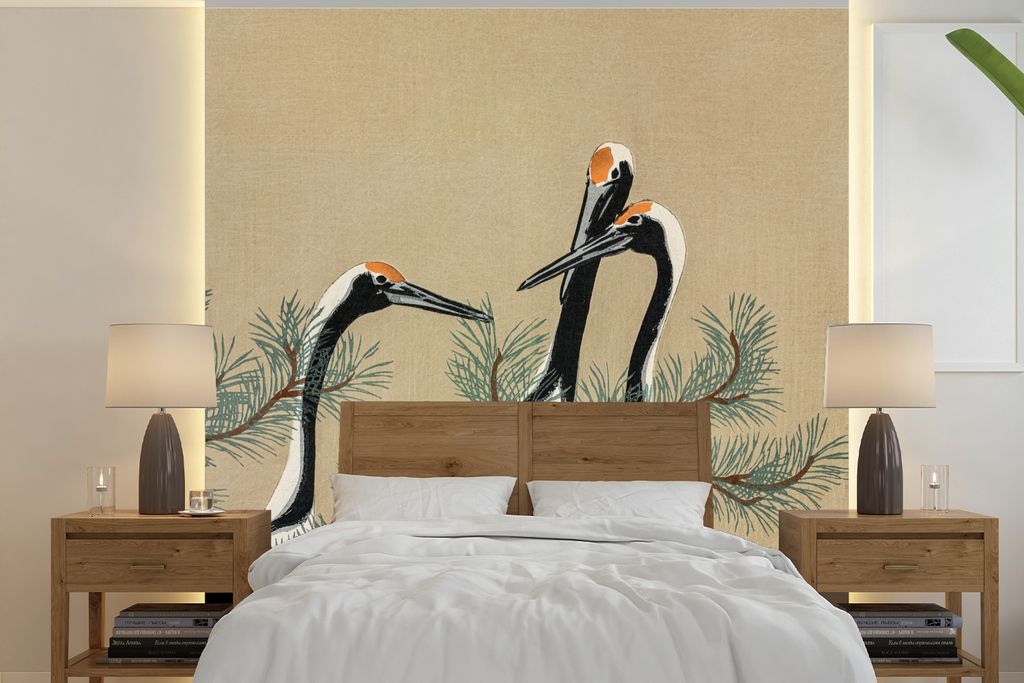 MuchoWow Fototapete für Wohnzimmer oder Schlafzimmer Wandtapete Vinyl Motivtapete Blätter - Kranich - Japanisch - Vintage - 240x240 cm - Schlaf...