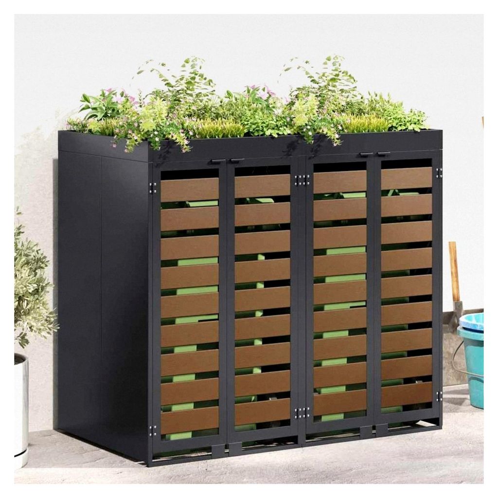 Mülltonnenbox für 3 Tonnen 120-240 Liter mit Tür und Erweiterungsmöglichkeit in Dunkelbrauner Holzoptik, Aufbewahrungsbox für Müllcontainer 1...