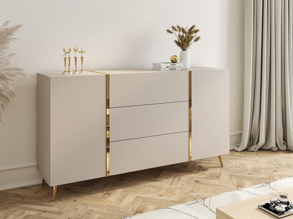 2-türige Kommode mit 3 Schubladen - Beige und Gold - MARZIALO