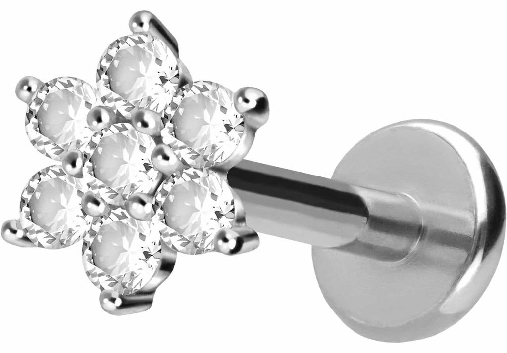 Ohrpiercing, Nasenpiercing Titan Labret mit Push Fit KRISTALLBLUME Silber Stablänge: 10mm | Stabstärke: 1,2mm