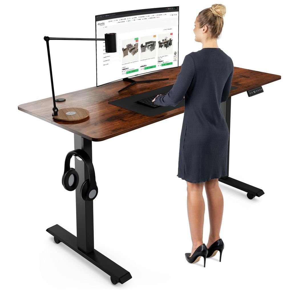 di volio Höhenverstellbarer Schreibtisch Biago, 140 x 60 cm, elektrischer Computertisch bis 80 kg belastbar, ideal fürs Home-Office - Braun