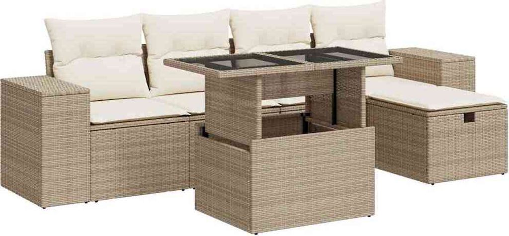 vidaXL 6-tlg. Garten-Sofagarnitur mit Kissen Beige Poly Rattan