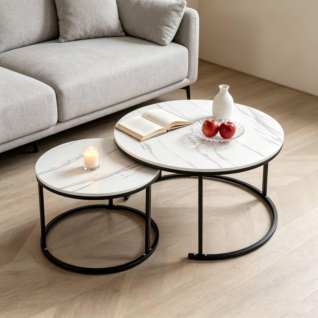 Couchtisch Rund,Satztisch 2er Set,Schwarz Marmor Couchtisch Produktbild 