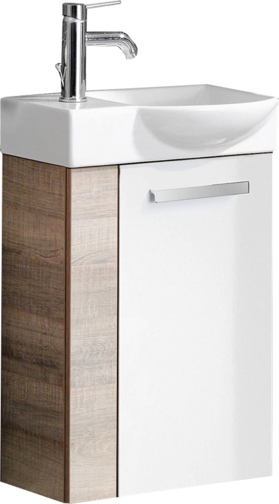 Fackelmann SBC A-VERO Gäste WC Set 3-teilig 45 cm, Braun hell/weiß, rechts, Keramik Hahnloch links inkl. Armatur