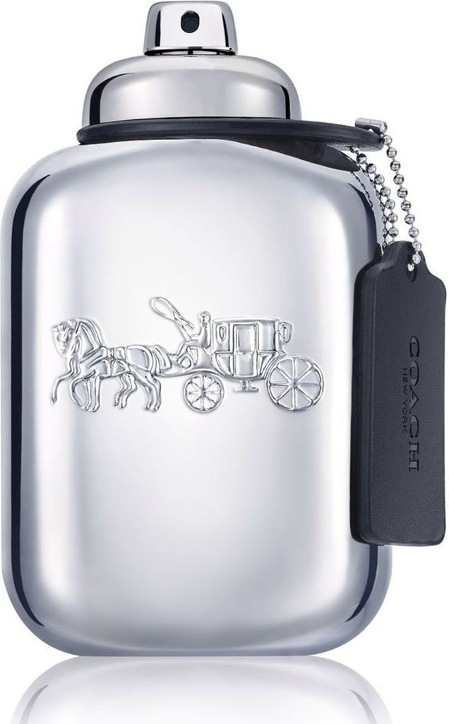 A silver perfume bottle with the Coach logo.