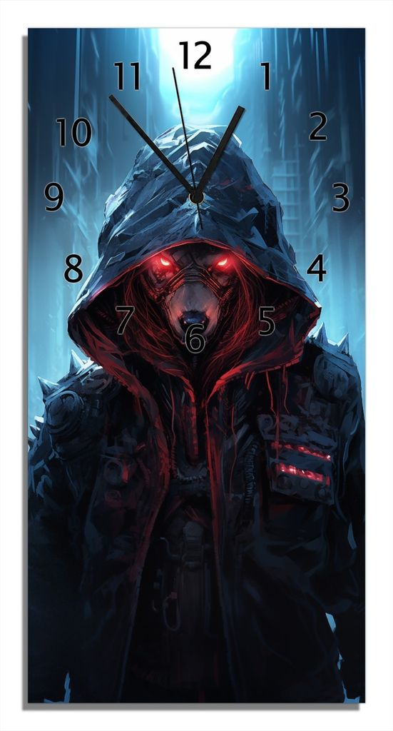 Wallario Design Wanduhr Dunkler Cyberwolf aus Echtglas, Größe 30 x 60 cm
