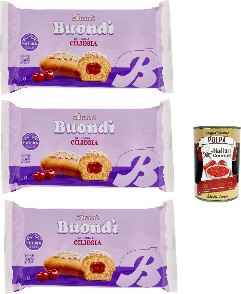 Bauli, Buondì Ciliegia, gebackener Kuchen snack mit Kirsche creme abgepackte Snacks 3x 258g Frühstück + Italian Gourmet polpa 400g