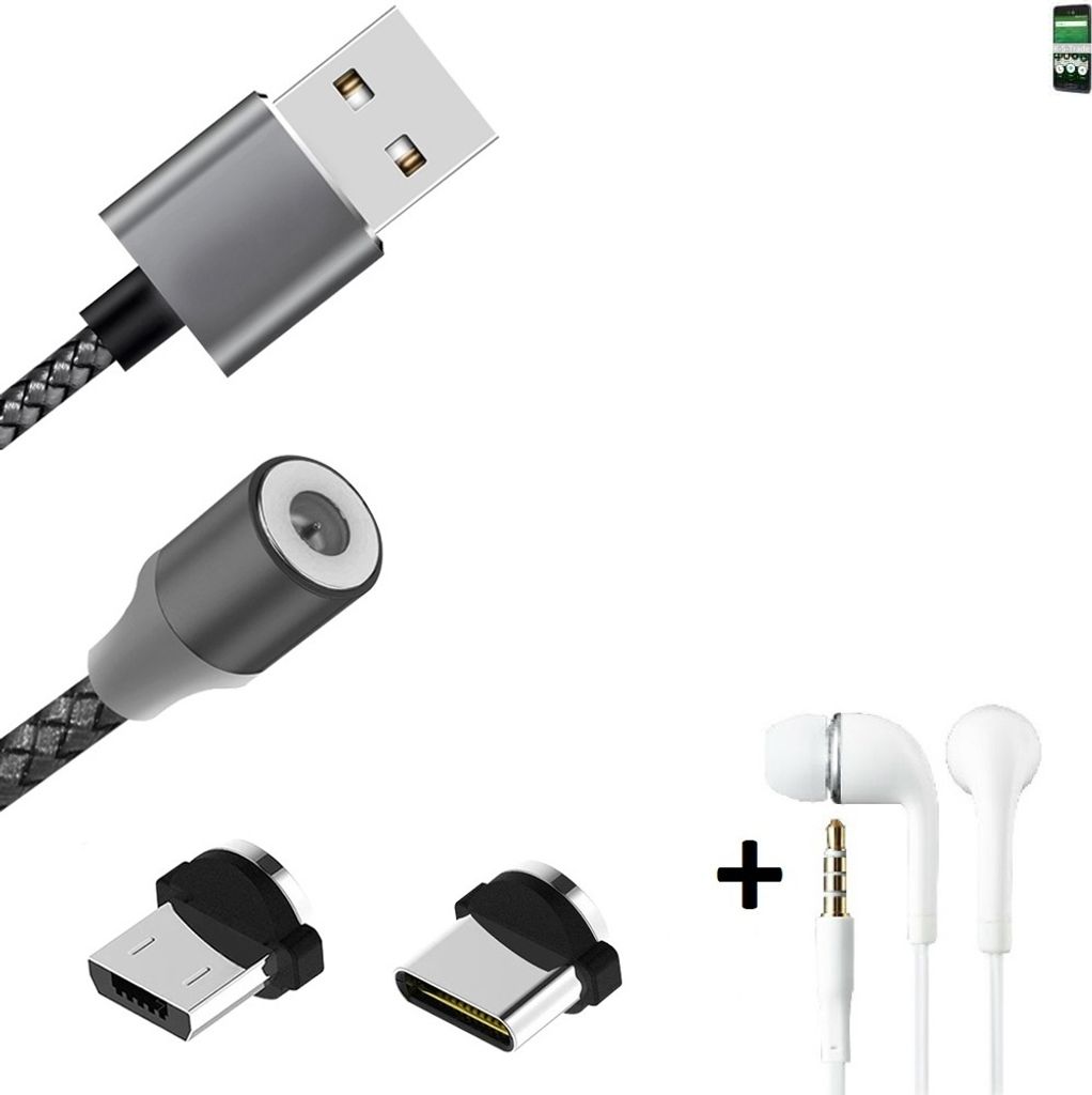 K-S-Trade Hochwertiges Magnet-Lade-kabel Sync-Kabel Daten-Kabel + Kopfhörer für doro 8035 mit USB-Typ-C-Anschluss und Micro-USB-Anschluss 2A bis